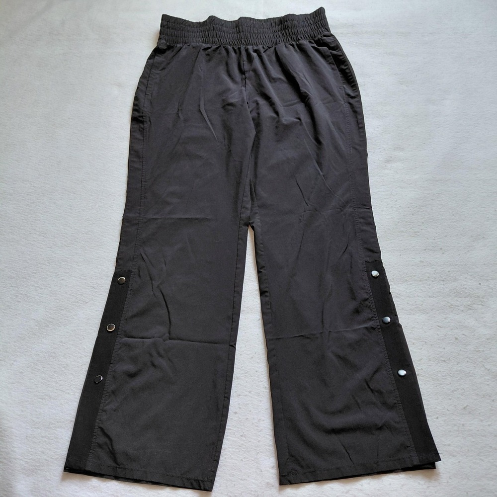 Y Sofia Womens Black Track Pants Large Snap Button Hem Wide Leg Stretch Athletic